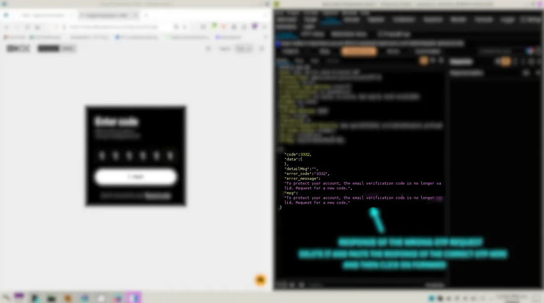 A wrong OTP entered in the crypto platform while Burp Suite shows error code 3332