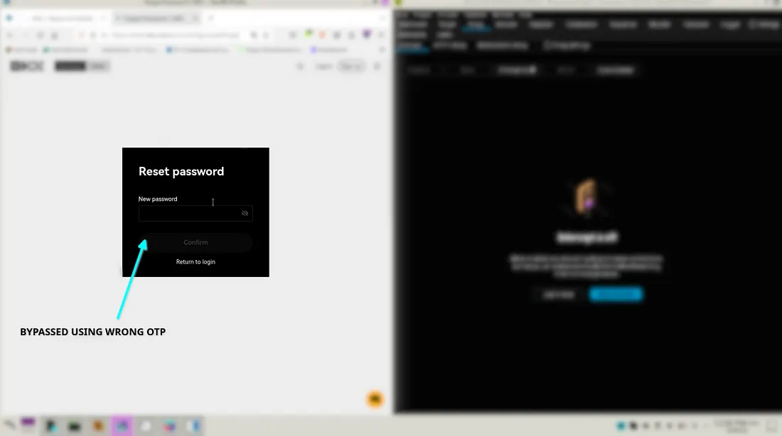 The crypto platform showing the new-password form after the wrong OTP response was changed